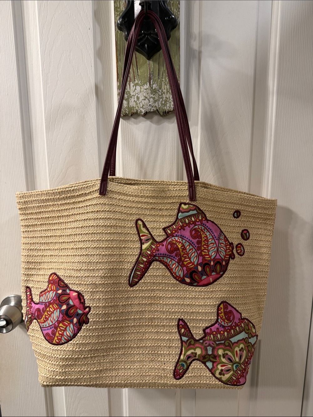 Vera Bradley Straw Tote with Pink Multicolor Fish Appliqués